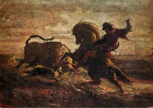 Fine arts postcard painting N. Grigorescu Dragos si Zimbrul
