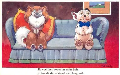 Animal postcard dogs meditating on couch