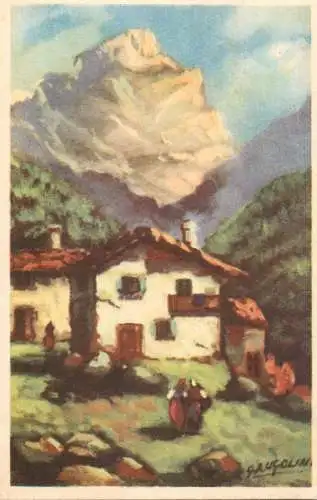 Italy painting of mountain landscape and chalet