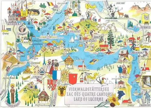 Switzerland Vierwaldstattersee, Lac des Quatre Cantons & Lac de Lucerne souvenir map postcard