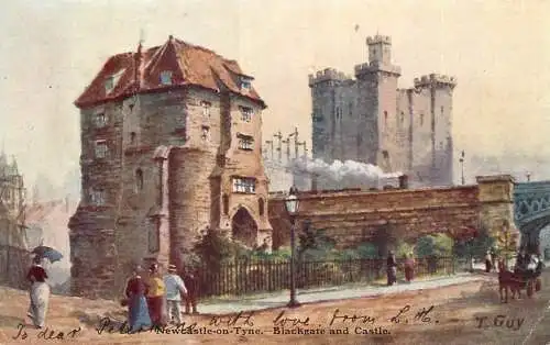 British fine art scenic postcard painting Newcastle-on-Tyne Blackgate and castle