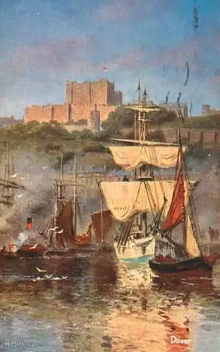 British fine art scenic postcard painting Dover the cinque ports castle sailship
