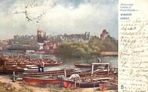 British fine art scenic postcard painting Windsor castle and pier