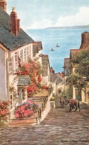 British fine art scenic postcard painting Clovelly down-a-long
