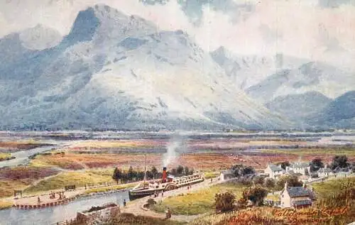 British fine art scenic postcard painting Oilette Ben Navis from Banavie paddleboat