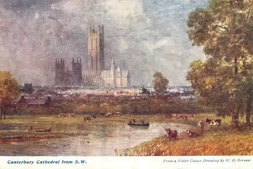 British fine art scenic postcard painting Canterbury cathedral
