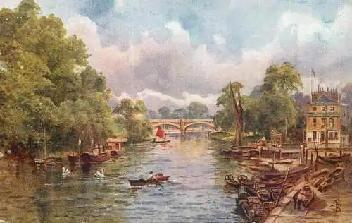 British fine art scenic postcard painting the Thames from Richmond bridge
