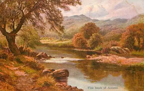 British fine art scenic postcard painting first touch of autumn
