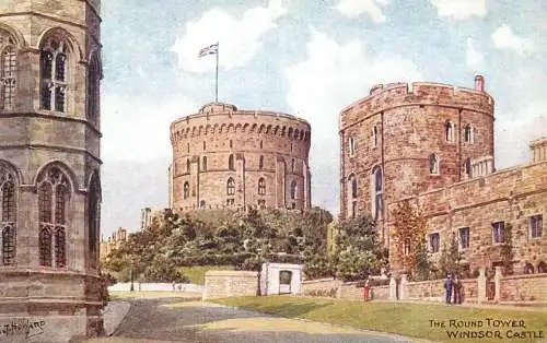 British fine art scenic postcard painting Windsor castle round tower