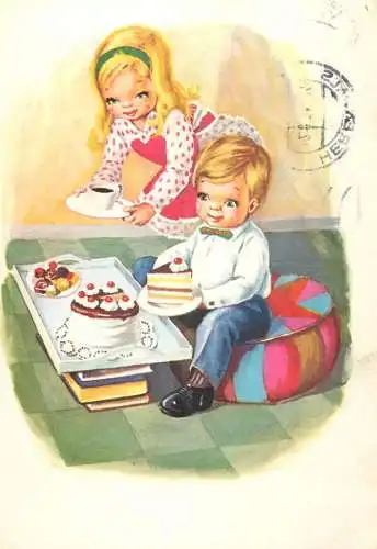 Holiday postcard humorous children and cake
