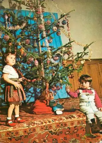 Winter Holidays greetings children types & decorated Christmas tree