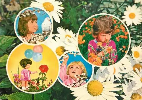 Children types, dolls and flowers different aspects