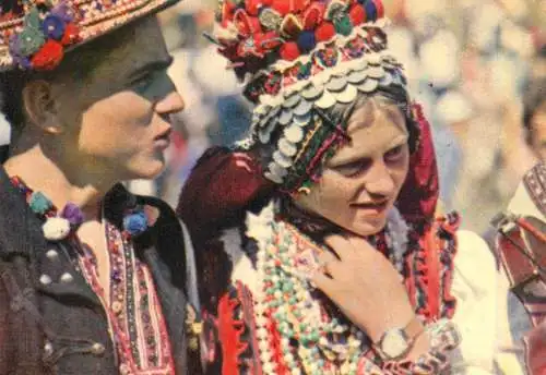 Romania folklore & ethnography traditional costumes in Oas bride and groom wedding party