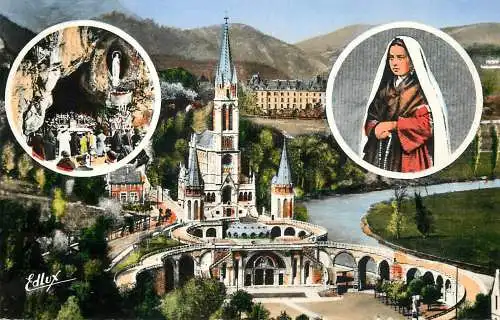 cpsm France Lourdes Basilique, portrait de Ste Bernadette & la Grotte miraculeuse
