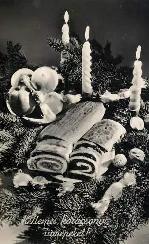 Hungary Christmas greetings lit candles fruits and sweet bread