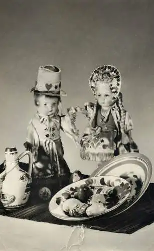 Hungary Easter greetings dolls puppets wearing national traditional costumes and pencilled eggs
