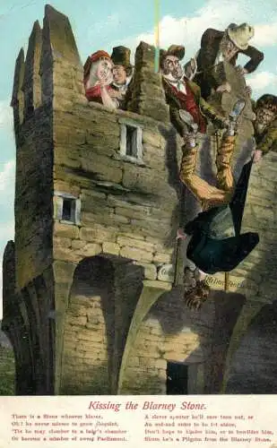 British Postcard Kissing the Blarney Stone funny illustration carricature