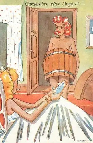 The wardrobe after the showdown woman comic caricature postcard Denmark