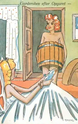 The wardrobe after the showdown woman comic caricature postcard