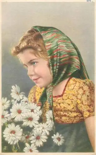Drawn girl with daisies portrait