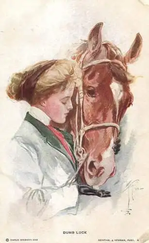 Dumb luck drawn woman with horse artist postcard
