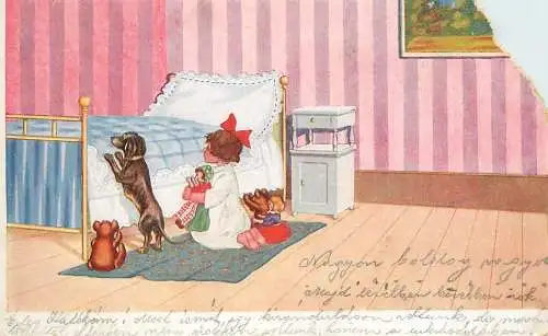 Girl teckel teddy dolls toys in pray caricature (upper right corner damage)