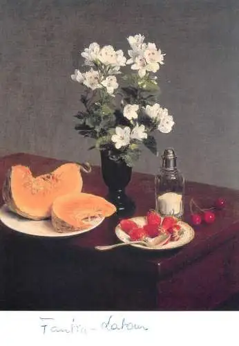 Greetings card fine arts painting Henri Fantin Latour fleurs melon fraises et cerises