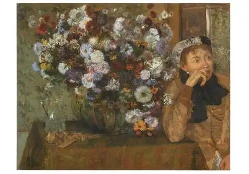 Greetings card fine arts painting Edgar Degas femme accoudee pres d'un vase de fleurs
