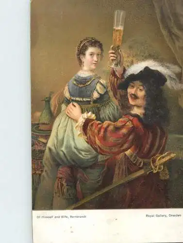Greetings card paintings Illustrators Royal gallery Dresden of Himself and wife Rembrandt