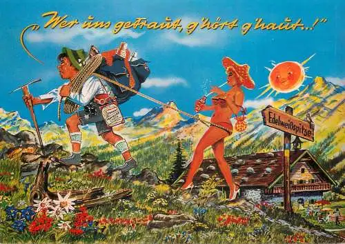 Humour greetings card Germany baggage carrier and sunbathing woman
