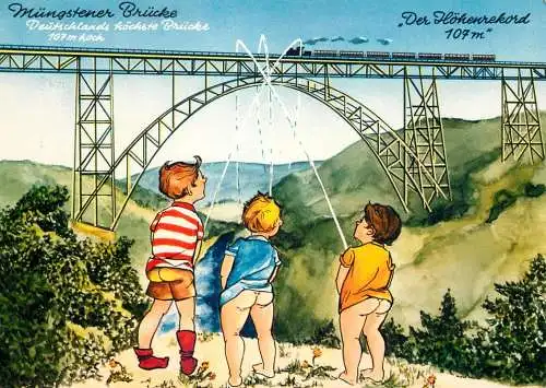 Humour greetings card Germany train bridge and children