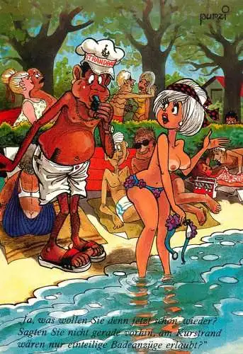 Humour greetings card Germany beautiful woman at beach and lifeguard