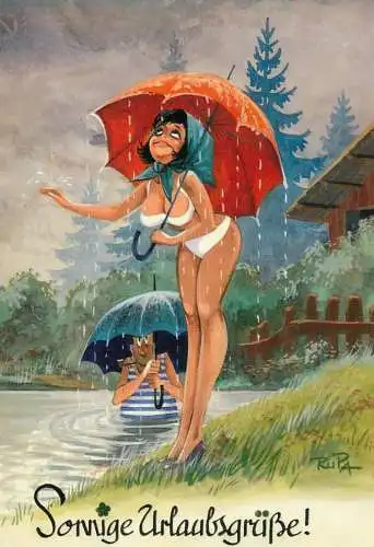 Humour greetings card Germany beautiful woman in rain