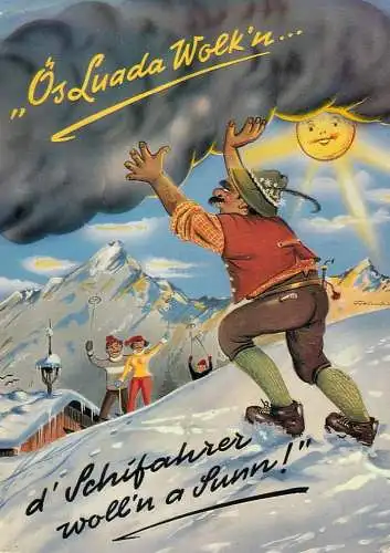 Humour greetings card Germany storm on ski slope
