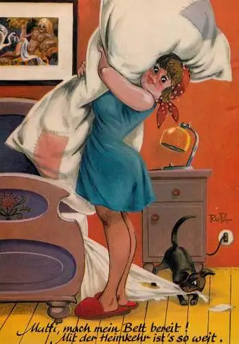 Humour greetings card Germany woman and cat changing sheets