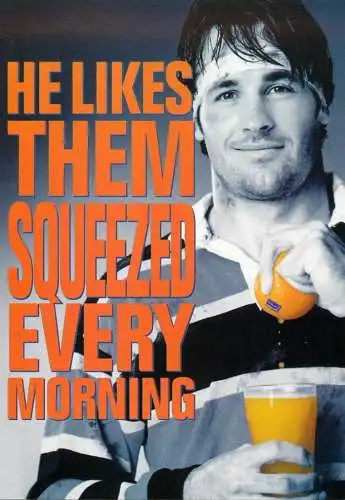 Greetings card advertising Outspan serioously fresh fruit squeezed every morning