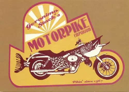 Greetings card advertising Geronimo stack's Motorpike Emporium