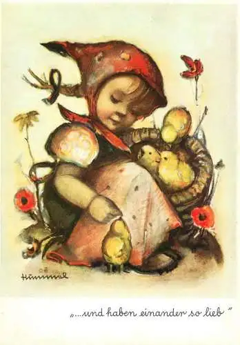 Greetings postcard girl with chicken