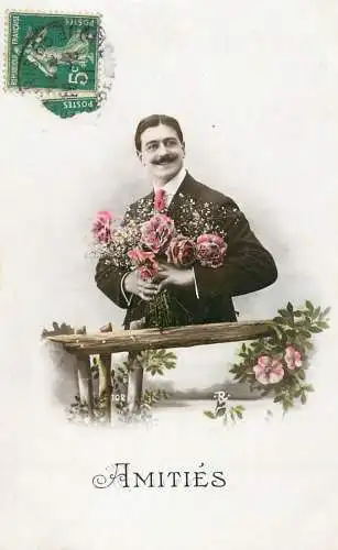 cpa salutations bonheur homme élégant mode flowers and moustache