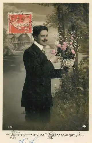 cpa salutations bonheur homme élégant mode flowers and moustache