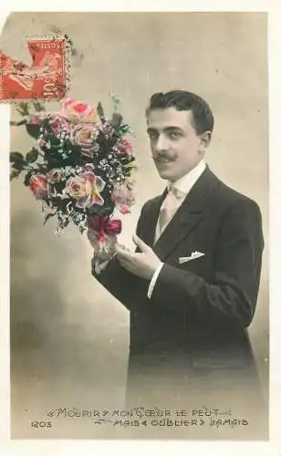 cpa salutations bonheur homme élégant mode flowers and moustache