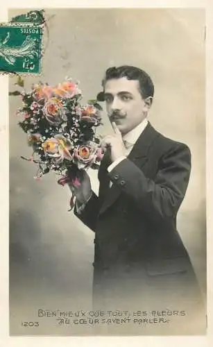 cpa salutations bonheur homme élégant mode flowers and moustache