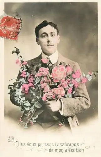cpa salutations bonheur homme élégant mode flowers