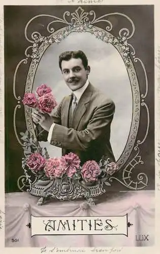 cpa salutations bonheur homme élégant mode flowers amities