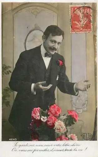 cpa salutations bonheur homme élégant mode moustache and flowers