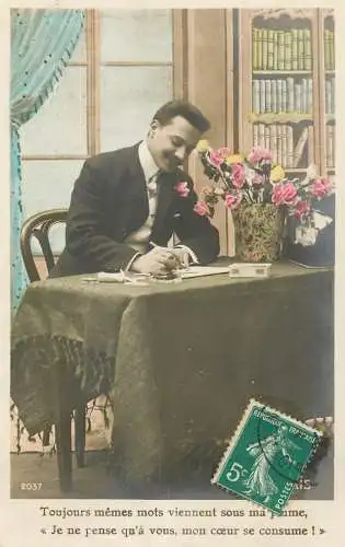 cpa salutations bonheur homme élégant mode moustache and flowers
