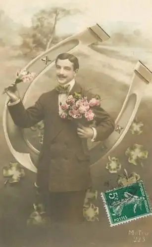cpa salutations bonheur homme élégant mode moustache and horseshoe