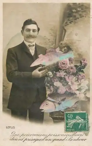 cpa salutations bonheur homme élégant mode moustache and fish
