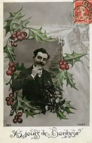 cpa salutations bonheur homme élégant mode moustache 365 jour de Bonheur