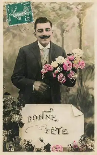 cpa salutations bonheur homme élégant mode moustache and Bonne Fete